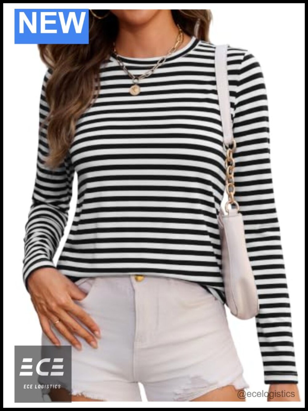 Womens Striped Long Sleeve Cotton Crew Neck Casual Top